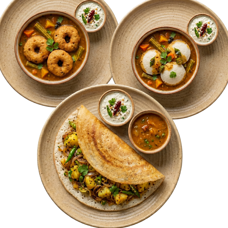 Vada, Idli and Masala Dosa